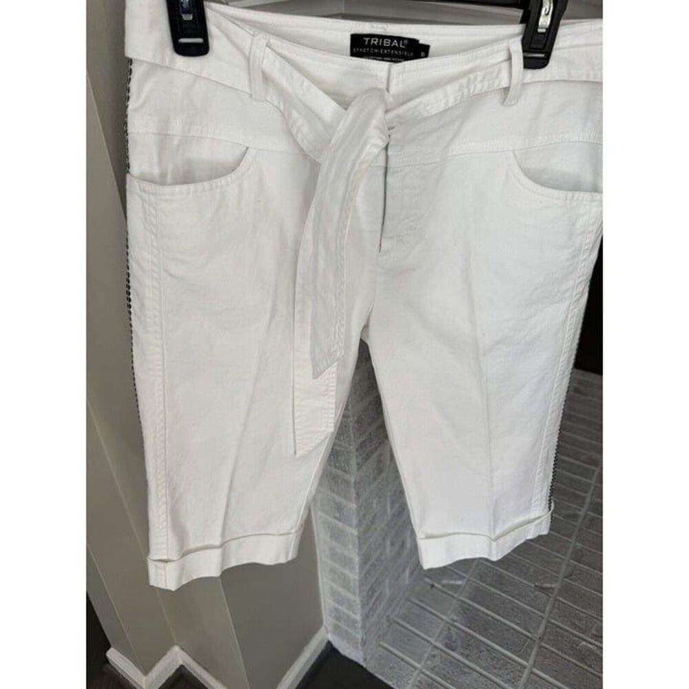 Tribal stretch extensible White Bermuda Shorts Sequence/tie‎ Belt(8)